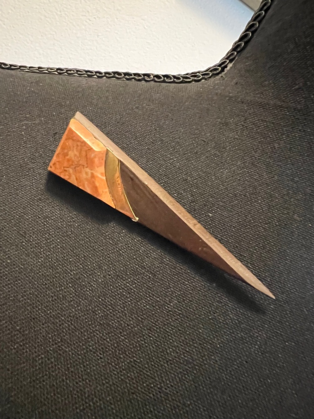 Retro Handmade Wood, Stone, Goldish Accent Brooch Pin